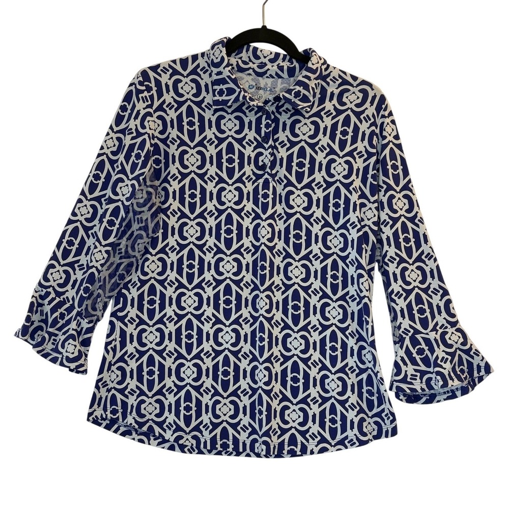 IBKÜL Polo Top Size Large 3/4 Long Bell Sleeve Mesh Vent Geometric Outdoor Sport